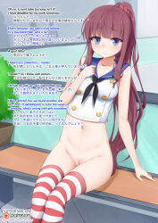 altered_perception bimbofication blue_eyes brown_hair cosplay dazed exhibitionism female_only femsub hifumi_(new_game) kantai_collection looking_at_viewer new_game! ponytail pussy school_uniform shimakaze_(kantai_collection) shirt_lift skirt solo spread_legs text thighhighs thong unaware vahn_yourdoom rating:Explicit score:50 user:vahn_yourdoom