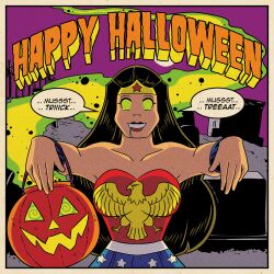 columbia_(maggotmike) costume dc_comics dialogue drool female_only femsub halloween happy_trance hypnotic_gas lipstick maggotmike original pumpkin speech_bubble spiralwash_eyes text tube_top wonder_woman wrist_band zombie_walk rating:Safe score:50 user:MaggotMike