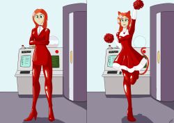 bodysuit business_suit cat_ears cat_girl cat_tail cheerleader collar ember_rouge_(thf772) femsub green_eyes happy_trance high_heels latex necklace original red_hair stepfordization the_us_doctor transformation rating:Safe score:36 user:Thf772