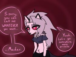 clothed collar dialogue female_only femsub freemindstuff furry happy_trance heart_eyes helluva_boss loona_(helluva_boss) magic open_mouth red_eyes ring_eyes smile solo speech_bubble text wolf_girl rating:Questionable score:128 user:Freemindstff