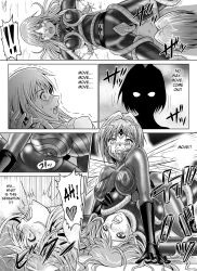 blush bodysuit breast_press breasts comic corruption dinaranger drool empty_eyes erect_nipples femsub gloves greyscale hard_translated large_breasts long_hair macxes mon-mon monochrome monster short_hair tears tentacles text tongue tongue_out translated wings yuri rating:Questionable score:27 user:JuliaVeil