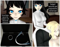 3d absurdres animal_ears blake_belladonna blonde_hair bodysuit cat_girl comic female_only femsub glynda_goodwitch graybot happy_trance kali_belladonna multiple_girls rwby tech_control tepmarmy text yellow_eyes rating:Questionable score:15 user:numemaru