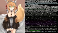 accidental_hypnosis animal_ears blonde_hair breast_expansion breasts caption empty_eyes female_only femsub fox_ears fox_girl green_eyes haik hypnotic_accessory ivoryscratch_(manipper) magic maid maid_headdress manip text rating:Questionable score:190 user:IvoryScratch