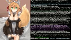 accidental_hypnosis animal_ears blonde_hair breast_expansion breasts caption empty_eyes female_only femsub fox_ears fox_girl green_eyes haik hypnotic_accessory ivoryscratch_(manipper) magic maid maid_headdress manip text rating:Questionable score:193 user:IvoryScratch