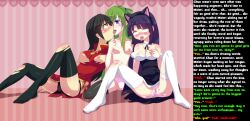 ahegao animal_ears black_hair bottomless breasts caption caption_only cat_girl china_dress corruption dazed dress drool eye_roll female_only femdom femsub fighting_stockings_girl_(series) green_hair manip mvv open_mouth original panties purple_hair pussy_juice tech_control text thighhighs tongue tongue_out topless toxic_thunder_(manipper) underwear yuri rating:Explicit score:103 user:Toxic_Thunder