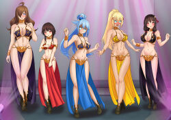  amenoosa aqua_(konosuba) arm_bands bare_legs bare_shoulders bikini_top blonde_hair blue_hair blush boots bracelet breasts brown_hair cleavage collar curvy dancer darkness_(konosuba) female_only femsub glowing_eyes goddess hair_band hair_covering_one_eye hair_ornament happy_trance harem_outfit huge_breasts jewelry kono_subarashii_sekai_ni_shukufuku_wo! large_hips long_hair looking_at_viewer manip megumin_(konosuba) midriff misterman4_(manipper) multicolored_hair multiple_girls petite ponytail small_breasts spiral_eyes symbol_in_eyes tagme twintails wiz_(konosuba) yunyun_(konosuba)  rating:questionable score: user:misterman4