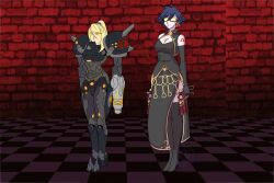 alternate_color_scheme armor bayonetta bayonetta_(series) black_hair blonde_hair boots breasts earrings female_only femsub glasses glowing glowing_eyes jewelry katsiika large_breasts legs metroid_(series) multiple_girls multiple_subs nintendo ponytail power_armor samus_aran standing standing_at_attention thigh_boots yellow_eyes rating:Questionable score:52 user:ACC