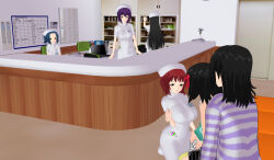 3d 3d_custom_girl black_hair blue_hair breasts hat large_breasts multiple_girls nurse original purple_hair red_hair rating:Questionable score:6 user:Sleepyhead97