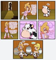 absurdres blonde_hair breasts collar comic cow cow_girl cow_print cowbell crimson_(stepfordcrimson) drool femsub glasses gloves green_eyes hucow ittybit karen_(ittybit) lactation large_breasts milk milking milking_machine open_mouth opera_gloves original pet_play small_breasts text tiny_cow_(blessedbycows) rating:Questionable score:133 user:IttyBit
