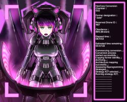 bodysuit bondage breasts drone drool empty_eyes female_only headphones hexcorp_(sleepystephbot) hypnotic_screen jade_(aetheria_jade) latex open_mouth original plasma-dragon purple_hair restrained tech_control text rating:Questionable score:76 user:Jade