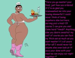 apron ass ass_focus boots bottomless caption chillguydraws dark_skin dialogue earrings femsub flo_(kid_cosmic) food glasses hat huge_ass kid_cosmic looking_at_viewer looking_back maledom manip milf naked_apron pink_eyes pov short_hair simple_background smile solo standing stepfordization text thick_thighs tray vigo1911_(manipper) rating:Questionable score:30 user:vigo1911