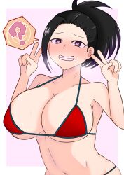 bikini black_hair blush breasts cleavage confused da3939 double_v female_only femsub heart_eyes large_breasts looking_at_viewer momo_yaoyorozu my_hero_academia ponytail short_hair smile swimsuit v rating:Explicit score:186 user:Disastermaster55
