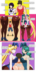 angry ass blonde_hair breasts bunny_ears bunny_girl bunnysuit comic dialogue dlobo777 empty_eyes green_hair large_breasts pantyhose sailor_moon sailor_moon_(series) sailor_neptune sailor_saturn short_hair tech_control text rating:Questionable score:10 user:Proyecto38