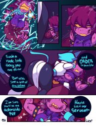absurdres blue_hair comic deltarune electricity female_only femdom femsub multiple_girls omegaluxifer red_hair susie_(deltarune) tasque_manager text tongue_out whip yellow_eyes rating:Explicit score:63 user:Blitz_Habanera