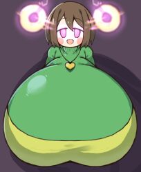  breasts brown_hair chara_(undertale) dazed female_only femsub glowing glowing_eyes happy_trance huge_breasts hyper_breasts pendulum petronoise short_hair solo spiral_eyes symbol_in_eyes tagme undertale  rating:explicit score: user:kirbysuper123