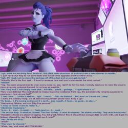 3d absurdres blue_hair blue_skin body_control bottomless breasts caption clothed dialogue female_only femdom femsub hypnotic_accessory long_hair maid microchip overwatch pussy resisting spllcstr tech_control text widowmaker rating:Explicit score:29 user:Spllcstr