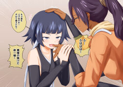 black_hair bleach dialogue femdom femsub finger_in_mouth finger_to_mouth japanese_text na_shacho petting soi_fon text translated yoruichi_shihoin rating:Questionable score:12 user:Mattlau04