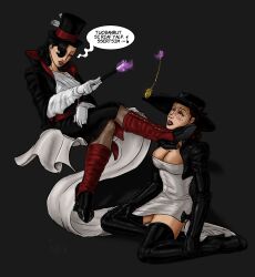absurdres alternate_costume black_hair blue_eyes blush boots breasts brown_hair cleavage crossed_legs dazed dc_comics drool female_only femdom gloves happy_trance hat high_heels hypnotized_hypnotist image_comics kneeling large_breasts latex long_hair madame_mirage magic magic_wand magician memetic_control pendulum pocket_watch rotem_dishon super_hero text thigh_boots turning_the_tables yuri zatanna_zatara rating:Questionable score:53 user:Rotem_Dishon
