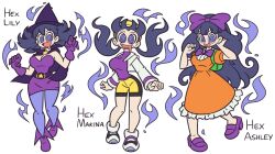  ash_ketchum cosplay dress drool happy_trance hex_maniac hexification kris lily_(ep241)_(pokemon) nintendo pokemon pokemon_x_and_y purple_eyes purple_hair shenanimation spiral_eyes symbol_in_eyes text transformation transgender witch_hat  rating:safe score: user:hypno