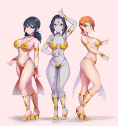 absurdres arm_bands ben_10 blue_eyes blue_hair breasts choker cleavage crossover dancing dc_comics female_only femsub green_eyes grey_skin gwen_tennyson hair_ribbon harem_outfit hevn high_heels large_breasts marinette_dupain-cheng midriff miraculous_ladybug multiple_girls purple_eyes purple_hair raven red_hair ribbon short_hair smile spiral_eyes super_hero symbol_in_eyes teen_titans twintails western rating:Questionable score:182 user:daveyboysmith9