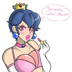 androgynous blue_hair blush bra breasts choker cleavage cosplay crossdressing crown dialogue earrings fake_breasts feminization fire_emblem gloves identity_swap jewelry large_breasts lipstick makeup male_only malesub marth memory_lapse nintendo opera_gloves pink_eyes princess princess_peach princessification puckered_lips sealguy spiral_eyes super_mario_bros. symbol_in_eyes text thought_bubble underwear rating:Safe score:140 user:Ex_Mastermind