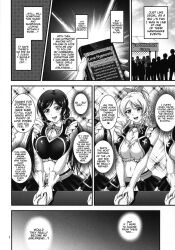 absurdres blush bow_tie breasts cell_phone cleavage comic dialogue eli_ayase gloves greyscale hair_ribbon heterosexual hypnotic_app large_breasts long_hair love_live! love_live!_school_idol_project multiple_girls nozomi_toujou open_mouth opera_gloves ponytail ribbon skirt smile text twintails rating:Safe score:26 user:Spirals