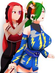 absurdres female_only femdom femsub green_hair kai_hyouka_(sleepy_kai) long_hair mitsuko_(goddessmitsuko) open_mouth ponytail red_hair smile soex rating:questionable score: user:kani