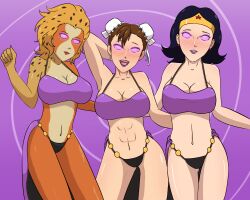 abs blush cheetara chun-li dc_comics double_hair_bun female_only femsub glowing_eyes hair_bun_covers hair_buns happy_trance harem_outfit itzcoatl1996 large_breasts looking_at_viewer open_mouth purple_eyes spiral_background street_fighter thundercats wonder_woman rating:Explicit score:91 user:ACC