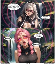 ai_art blonde_hair devianbar dialogue empty_eyes eri_(pokemon) femsub glasses happy_trance hypnotized_hypnotist latex long_hair malva_(pokemon) nintendo pink_hair pokemon short_hair team_flare team_hypno tech_control text visor rating:Questionable score:6 user:Proyecto38