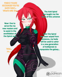 alternate_costume blush bottomless breasts corruption female_only femsub green_eyes gurren_lagann large_breasts long_hair mephaustis nude ponytail red_hair text thigh_gap thighhighs tongue tongue_out topless yoko_littner rating:Questionable score:35 user:Mephaustis