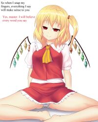 absurdres blonde_hair drool empty_eyes flandre_scarlet myuk open_mouth red_eyes side_ponytail text touhou vampire wings rating:Questionable score:46 user:Myuk