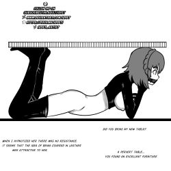 bottomless expressionless femdom femsub greyscale human_furniture idpet leather makoto_niijima maledom monochrome nude persona_(series) persona_5 short_hair text topless rating:Questionable score:29 user:IDPet