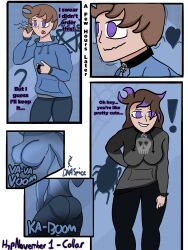  absurdres brown_hair clothed collar comic dnaspice feminization femsub gothification hoodie hypnovember malesub original purple_hair simple_background text transformation transgender  rating:questionable score: user:dnaspice