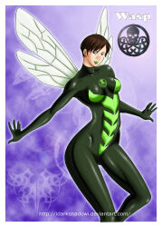 alternate_color_scheme artist_request blue_eyes bodysuit breasts brown_hair darkshadow enemy_conversion female_only janet_van_dyne latex lipstick marvel_comics short_hair singory small_breasts solo super_hero symbol text the_avengers thighs wasp western wings rating:Safe score:29 user:MesMerZ