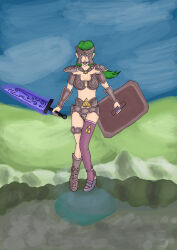  absurdres armor ball_gag breasts emblem femsub gag gladiator_sandals goddess green_eyes green_hair helmet high_heels jewelry kid_icarus large_breasts long_hair necklace nintendo palutena shield standing super_smash_bros. sword tecksfw the_legend_of_zelda weapon  rating:questionable score: user:bult