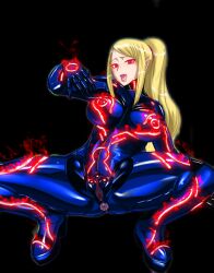 ahegao anus blonde_hair bodysuit breasts corruption damu_otoko female_only femsub glowing glowing_eyes huge_breasts legs long_hair manip metroid_(series) nintendo ponytail prolapse puffy_asshole pussy red_eyes samus_aran solo spread_legs squatting thick_thighs zero_suit rating:explicit score: user:strangeman52