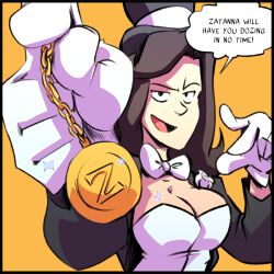 bow breasts brown_hair cleavage dc_comics dialogue evil_smile female_only femdom gloves hat large_breasts looking_at_viewer open_mouth pendulum pocket_watch pov pov_sub senseless_squirrel smile solo super_hero text zatanna_zatara rating:Safe score:80 user:bugmenot