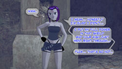 choker clothed dc_comics dialogue dogdog english_text female_only femsub fishnets gloves goth grey_skin purple_eyes purple_hair raven solo text rating:Questionable score:5 user:Bootyhunter69