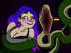 coils colorrings earrings femsub happy_trance hypnotic_eyes imminent_vore kaa_eyes open_mouth original purple_hair snake rating:Safe score:30 user:ZoomRaptor