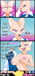 absurdres aggretsuko breast_grab breasts clothed comic corruption dazed dialogue evil_smile eyelashes femsub fenneko_(aggretsuko) fox_girl furry glowhorn nude office open_mouth pink_eyes sanrio sharp_teeth shirt simple_background smile smug rating:Explicit score:72 user:ArtifactFox