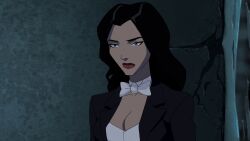 black_hair blue_eyes bow_tie cleavage dc_comics expressionless female_only femsub long_hair magician screenshot standing standing_at_attention super_hero western young_justice zatanna_zatara rating:Questionable score:22 user:Jpew2007