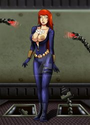 black_widow bodysuit bondage breasts female_only femsub huge_breasts huge_nipples large_breasts long_hair marvel_comics mechanical_arm open_clothes open_mouth orange_hair re-maker robot solo super_hero tech_control western whitewash_eyes rating:Questionable score:51 user:TheGoodShank