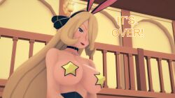 aware blonde_hair breasts bunny_ears bunnysuit choker clothed clothed_exposure cynthia dialogue english_text female_only grey_eyes hair_covering_one_eye mustardsauce necklace pasties pokemon pokemon_(anime) solo star_pasties text rating:Explicit score:0 user:Bootyhunter69