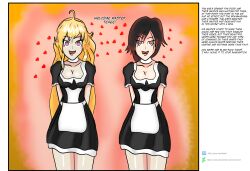 altered_perception blonde_hair caption empty_eyes femsub heart heart_eyes idpet long_hair maid no_panties red_hair ruby_rose rwby short_hair symbol_in_eyes text unaware yang_xiao_long rating:Safe score:61 user:IDPet