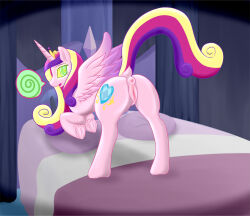 animals_only anus bed blonde_hair browned_toast crown female_only femsub hooves horns jewelry kaa_eyes long_hair multicolored_hair my_little_pony non-human_feet pillow pink_hair princess princess_cadance purple_hair spiral wings rating:Explicit score:9 user:TheGoodShank