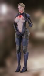 3d absurdres blonde_hair blue_eyes bobyshal bodysuit breasts_outside capcom clothed_exposure exposed_chest expressionless female_only femsub glowing grey_eyes jill_valentine large_breasts microchip navel nipples open_clothes p30 ponytail resident_evil resident_evil_5 simple_background solo standing sweat tech_control topless undressing wet zipper rating:Explicit score:29 user:VortexMaster