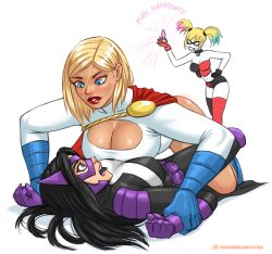batman_(series) black_hair blonde_hair blue_eyes breasts cleavage cleavage_cutout crystal dc_comics female_only femdom femsub flick-the-thief gloves harley_quinn huntress large_breasts long_hair midriff power_girl short_hair shorts simple_background super_hero superman_(series) sweat text thighhighs twintails western yuri rating:Questionable score:154 user:LesLes