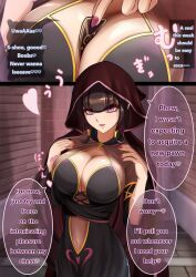 breasts brown_hair card charm_(spell) cleavage dialogue female_only femdom hard_translated heart hypnotic_breasts large_breasts mind_break nail_polish navel nisemono pink_eyes pov_sub robe seductive_smile text translated rating:Safe score:53 user:Bezerker