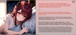 ai_art bed cuddling demon demon_girl dittouh_(generator) femdom horns hypnotic_massage long_hair male_pov malesub massage night office office_lady red_hair shirt story succubus yellow_eyes rating:Explicit score:10 user:Dittouh