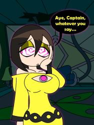  breasts brown_hair femsub hypnoscream little_nightmares pink_eyes robe six spiral_eyes spiralwash_eyes  rating:safe score: user:pencilface